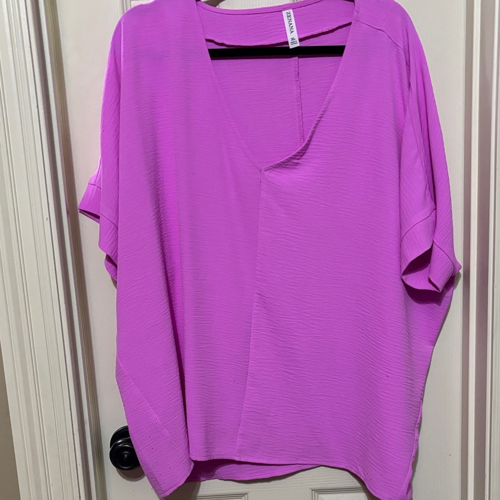 Zenana Vibrant Pink V-Neck Blouse